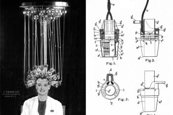 Izquierda: máquina de hacer permanentes de Isidoro Calvete (1923). Derecha: patente española nº 98508 concedida en 1926 a Suter para los calentadores eléctricos inventados por Calvete